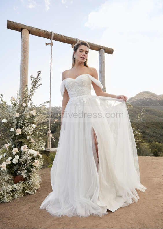 Ivory Lace Tulle Slit Wedding Dress With Removable Straps